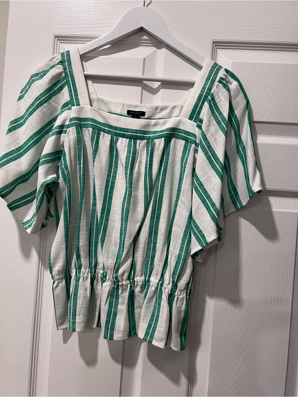 Ann Taylor White and Green Striped Square-Neck Blouse